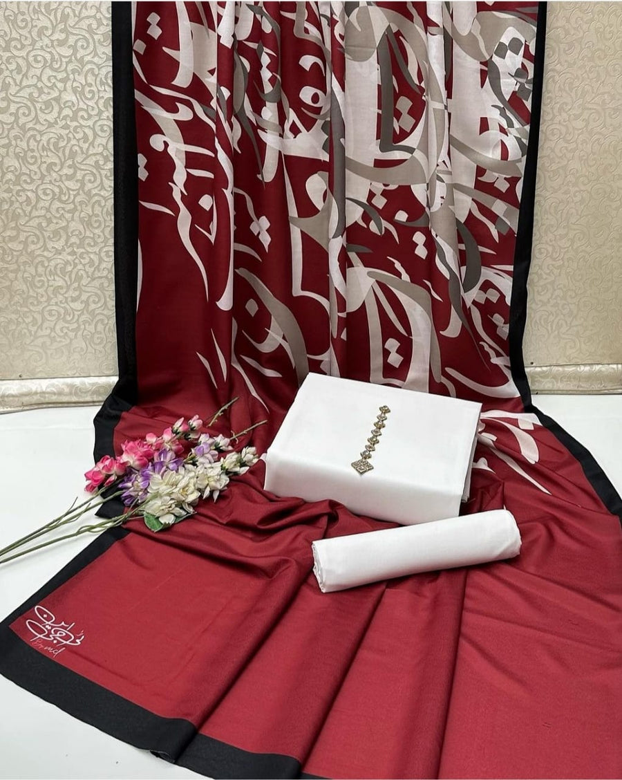 New Collection 2025  Swiss lawn  calligraphy digital print duppta  Kathan silk plain shirt and trouser  3pc suit   With Neckline
