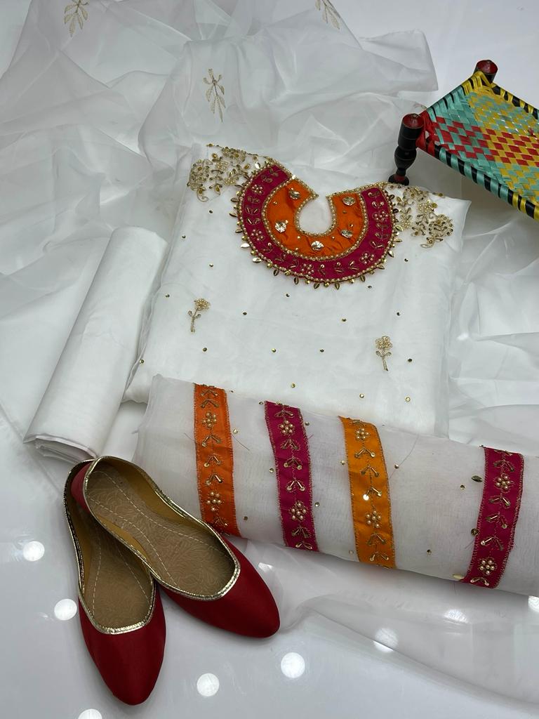 4-Piece Unstitched Organza Dress – Aari Zari Work with Patch Bazo, Dupatta & Khussa