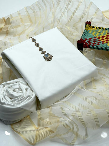 3-Piece Unstitched Fancy Suit – Kataan Silk with Organza Dupatta & Neckline