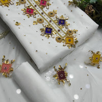 3-Piece Unstitched Handmade Dress – Kattan Silk with Moti, Sitara & Kundan Work