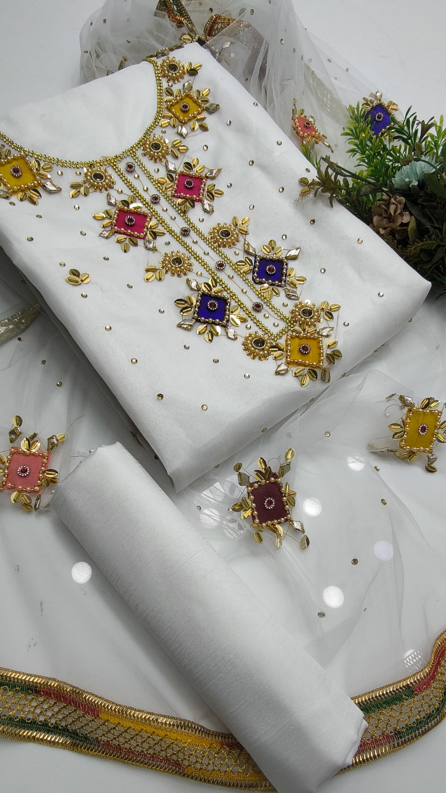 3-Piece Unstitched Handmade Dress – Kattan Silk with Moti, Sitara & Kundan Work
