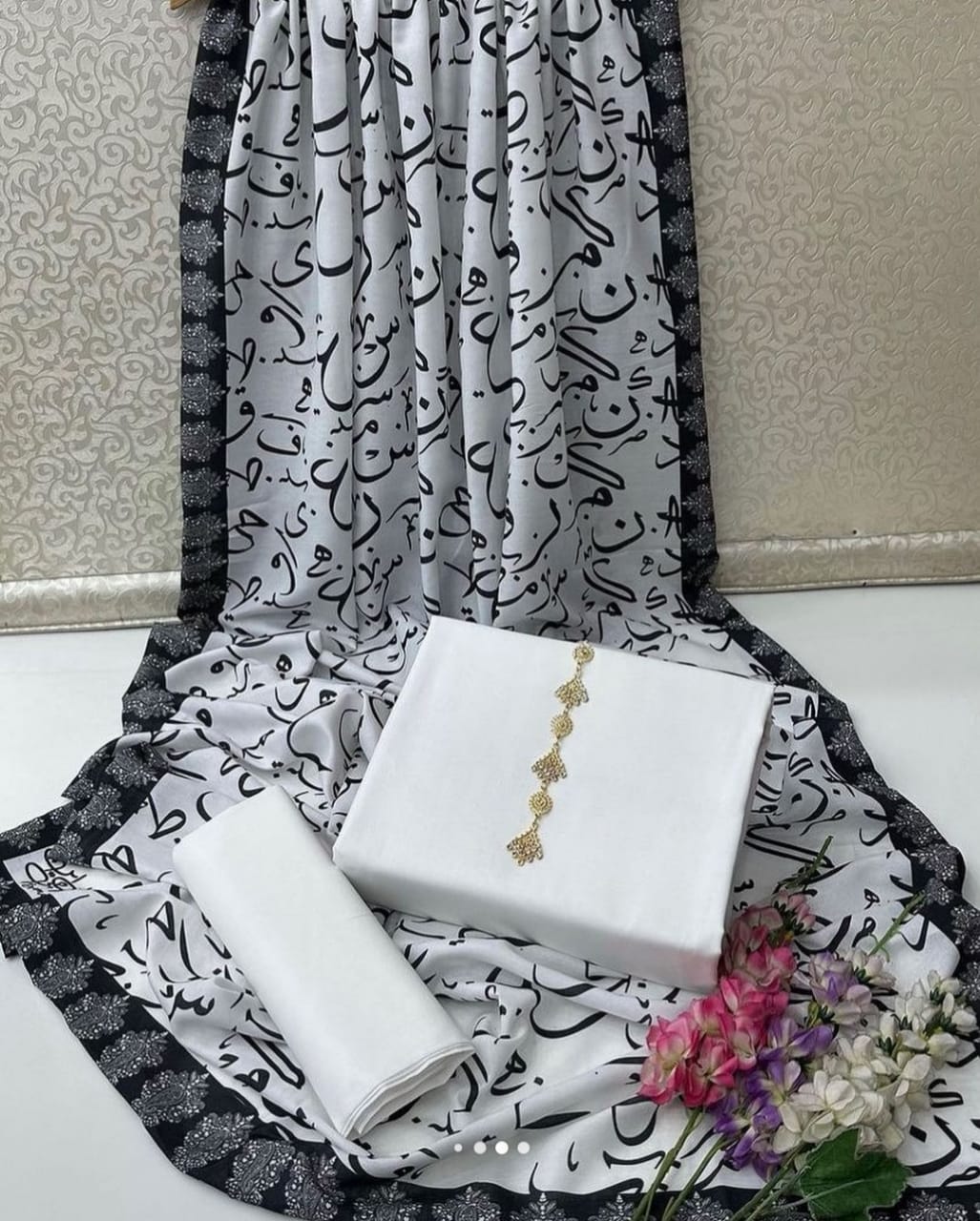 New Collection 2025  Swiss lawn  calligraphy digital print duppta  Kathan silk plain shirt and trouser  3pc suit   With Neckline