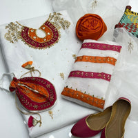 5-Piece Unstitched Organza Dress – Tilla Aari Embroidery with Khussa & Bag