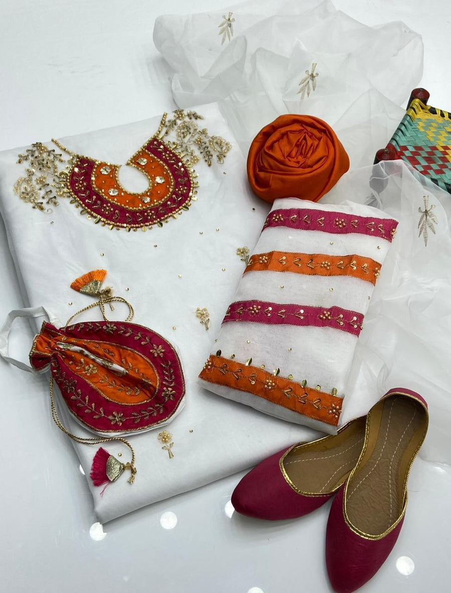 5-Piece Unstitched Organza Dress – Tilla Aari Embroidery with Khussa & Bag