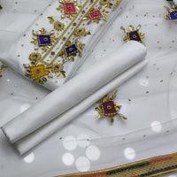 3-Piece Unstitched Handmade Dress – Kattan Silk with Moti, Sitara & Kundan Work