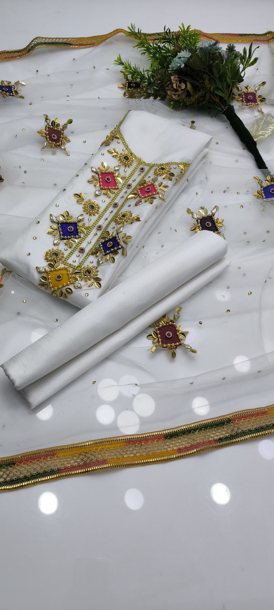 3-Piece Unstitched Handmade Dress – Kattan Silk with Moti, Sitara & Kundan Work