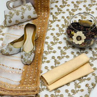 5-Piece Unstitched Wedding Dress – Georgette Shirt, Masoori Trouser, Organza Dupatta with Khussa & Clutch