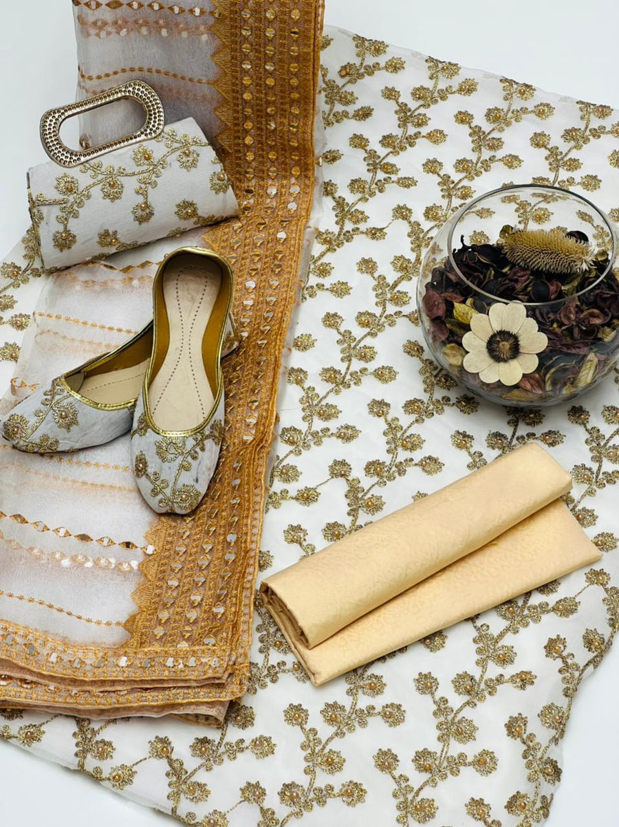 5-Piece Unstitched Wedding Dress – Georgette Shirt, Masoori Trouser, Organza Dupatta with Khussa & Clutch