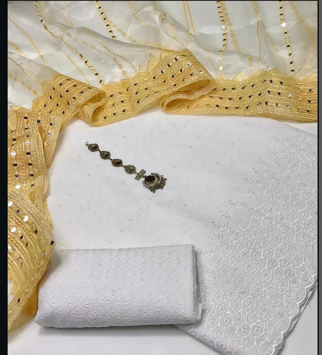 3-Piece Unstitched Summer Fancy Dress – White Chickenkari with Organza Foil Dupatta & Mirror Neckline
