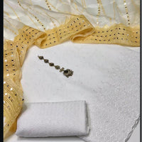 3-Piece Unstitched Summer Fancy Dress – White Chickenkari with Organza Foil Dupatta & Mirror Neckline