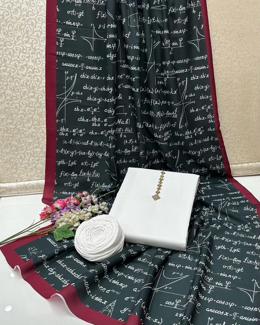 New Collection 2025  Swiss lawn  calligraphy digital print duppta  Kathan silk plain shirt and trouser  3pc suit   With Neckline