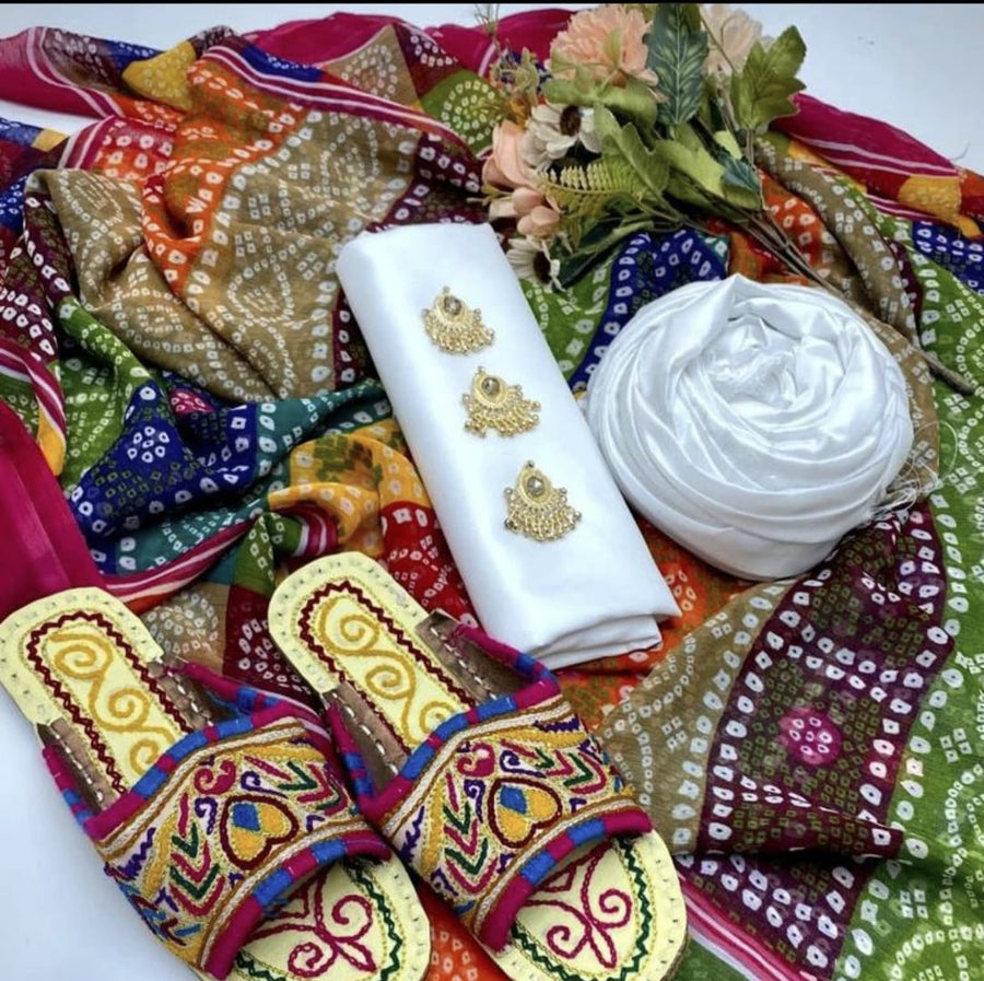 3-Piece Unstitched Kataan Silk Dress – Chunri Dupatta with Handmade Sleeper