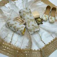 5-Piece Unstitched Party Suit – Chiffon Nag Jaal Shirt with Organza Dupatta, Khussa & Clutch