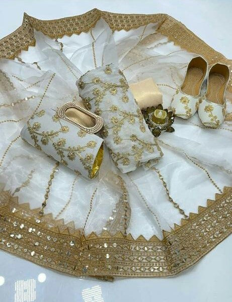 5-Piece Unstitched Party Suit – Chiffon Nag Jaal Shirt with Organza Dupatta, Khussa & Clutch