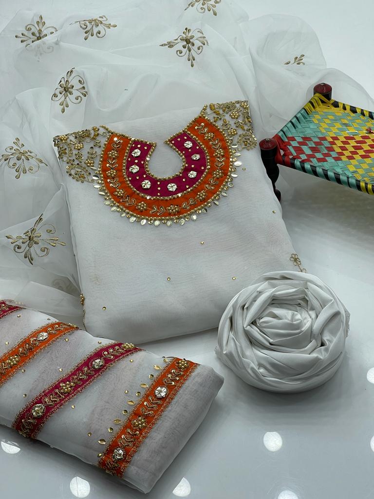 3-Piece Wedding Dress for Girls – Handmade Shirt, Kataan Trouser & Organza Dupatta