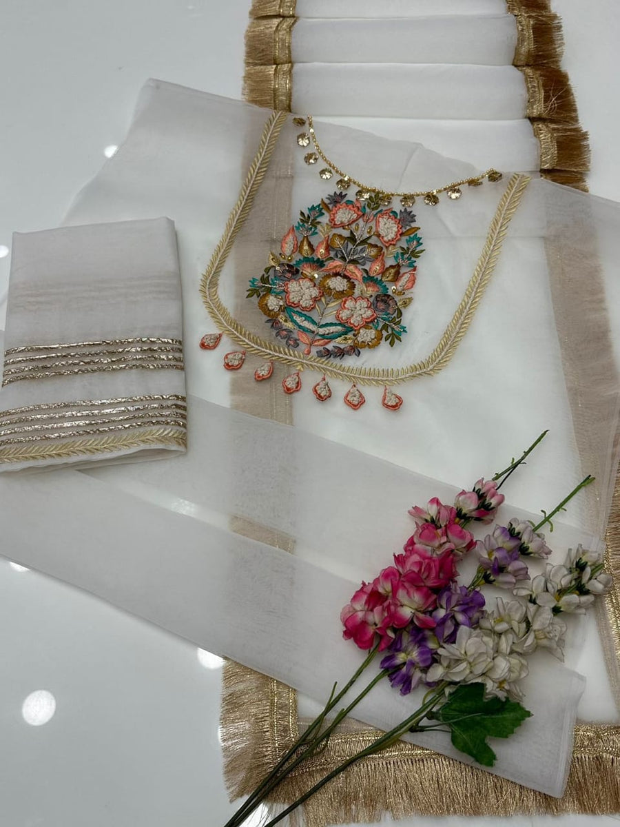 3-Piece Unstitched Organza Molty Work Dress – With Kataan Trouser & Dupatta
