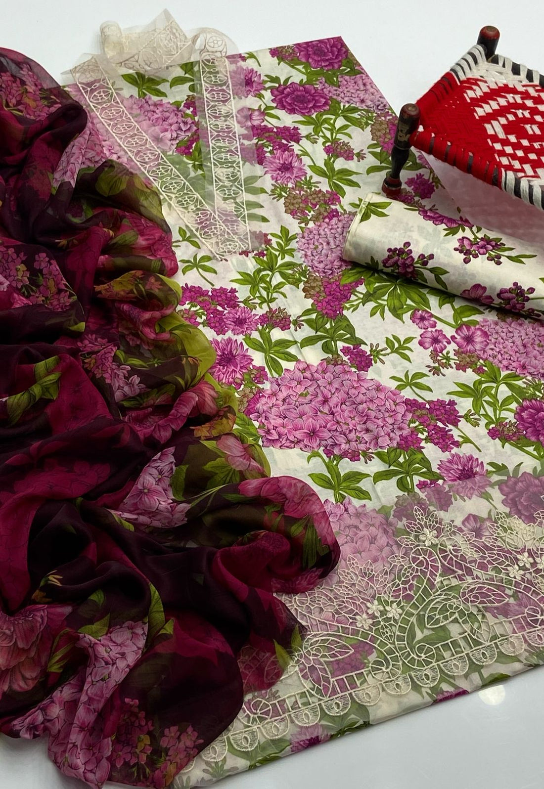 3-Piece Unstitched Lawn Suit – Printed Shirt with Embroidered Patches & Chiffon Dupatta
