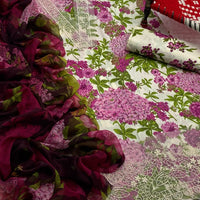 3-Piece Unstitched Lawn Suit – Printed Shirt with Embroidered Patches & Chiffon Dupatta