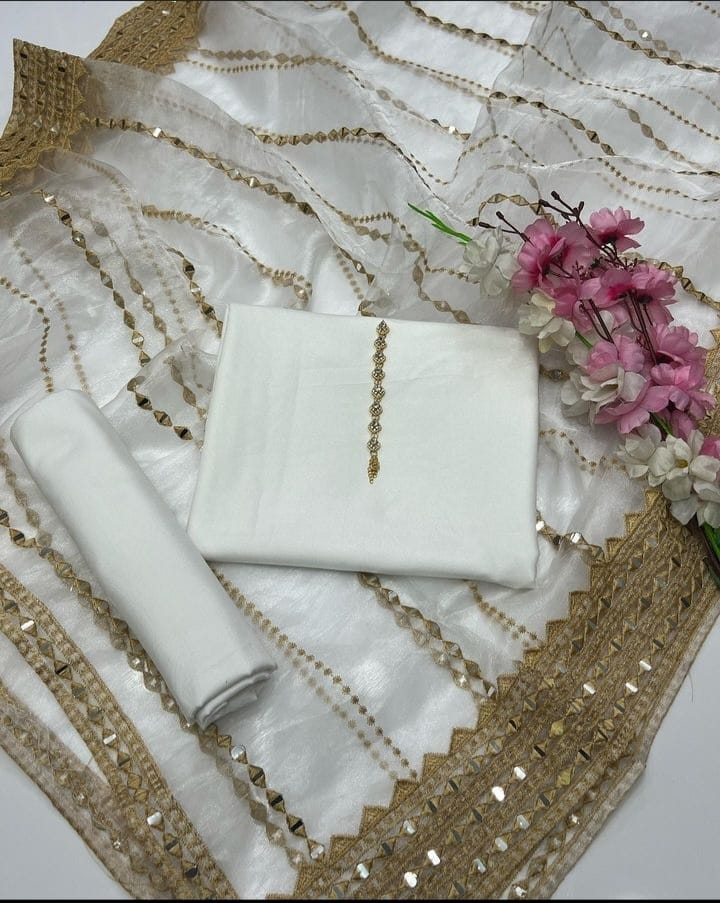 3-Piece Unstitched Kataan Silk Suit – Tissue Organza Embroidered Dupatta & Neckline