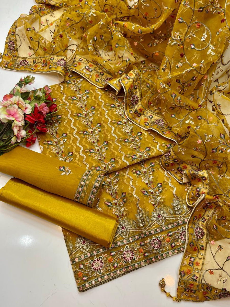 3-Piece Luxury Organza Dress – Jaal Work Shirt, Embroidered Sleeves & Net Shawl Dupatta