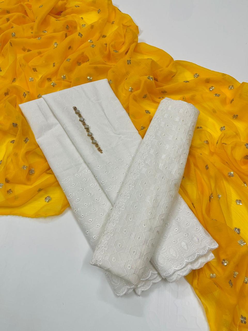 3-Piece Unstitched Summer Lawn Dress – Chikan Kari Shirt & Trouser with Sequin Chiffon Dupatta