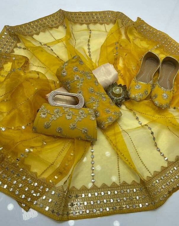 5-Piece Unstitched Party Suit – Chiffon Nag Jaal Shirt with Organza Dupatta, Khussa & Clutch