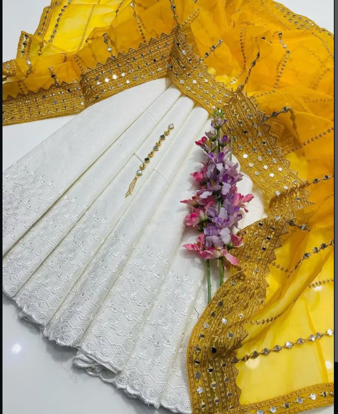 3-Piece Unstitched Summer Fancy Dress – White Chickenkari with Organza Foil Dupatta & Mirror Neckline