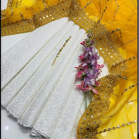 3-Piece Unstitched Summer Fancy Dress – White Chickenkari with Organza Foil Dupatta & Mirror Neckline