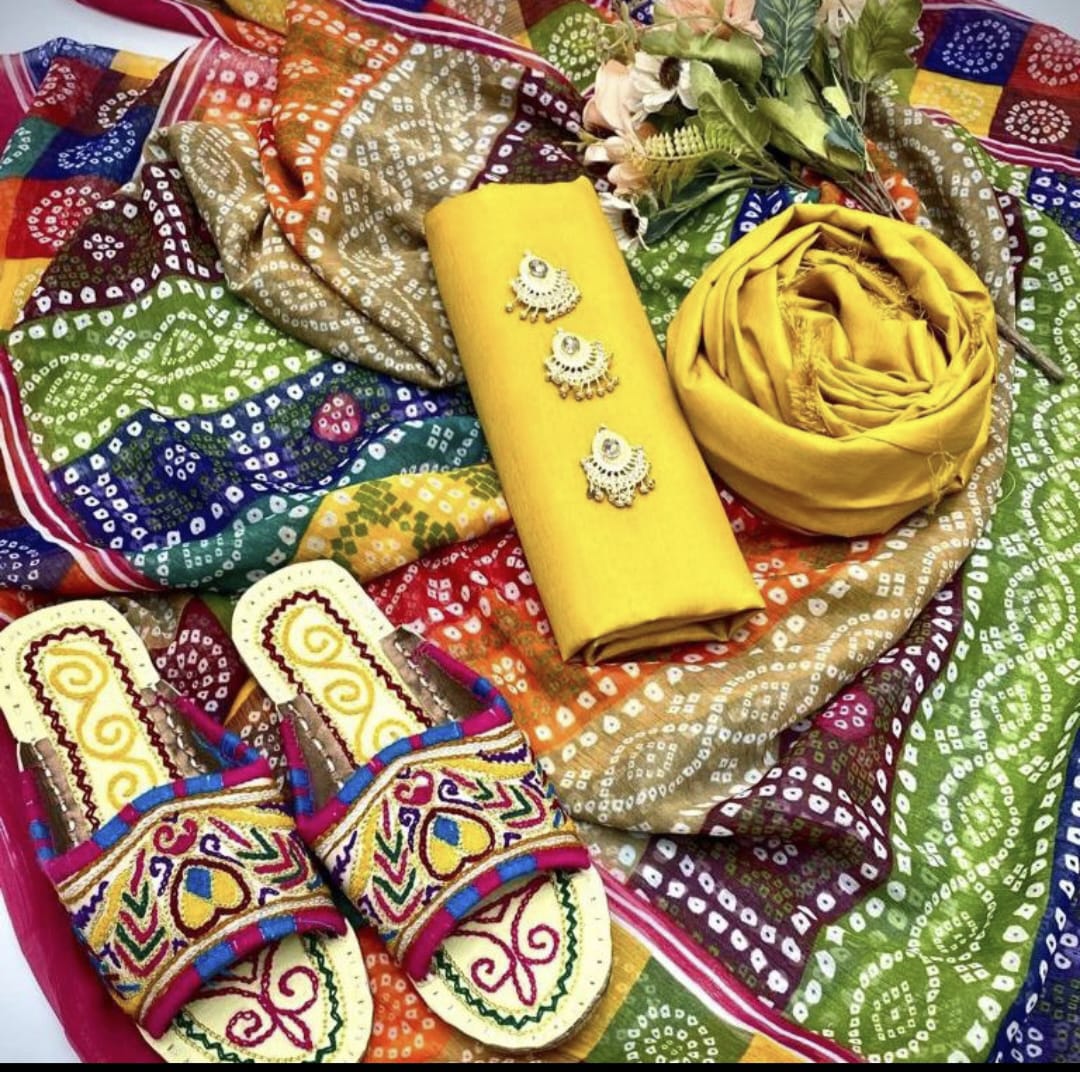 3-Piece Unstitched Kataan Silk Dress – Chunri Dupatta with Handmade Sleeper