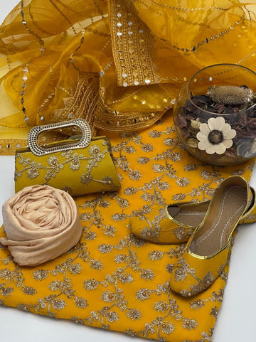 5-Piece Unstitched Wedding Dress – Georgette Shirt, Masoori Trouser, Organza Dupatta with Khussa & Clutch