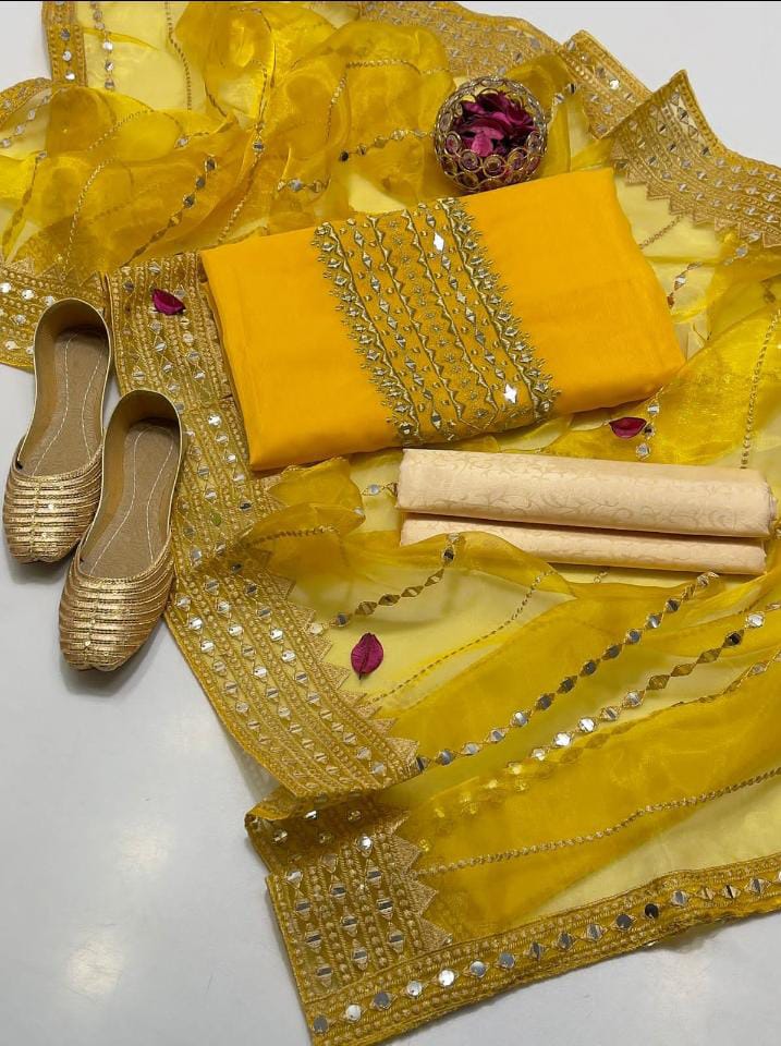 4-Piece Unstitched Dress for Girls – Kataan Shirt, Masoori Trouser, Organza Dupatta & Khussa