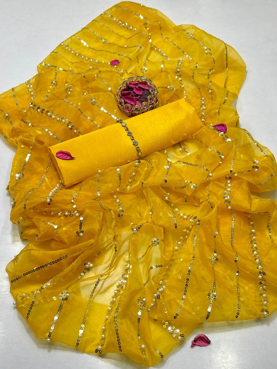 3-Piece Unstitched Suit – Kataan Silk Shirt & Shalwar with Sequin Embroidered Tissue Organza Dupatta