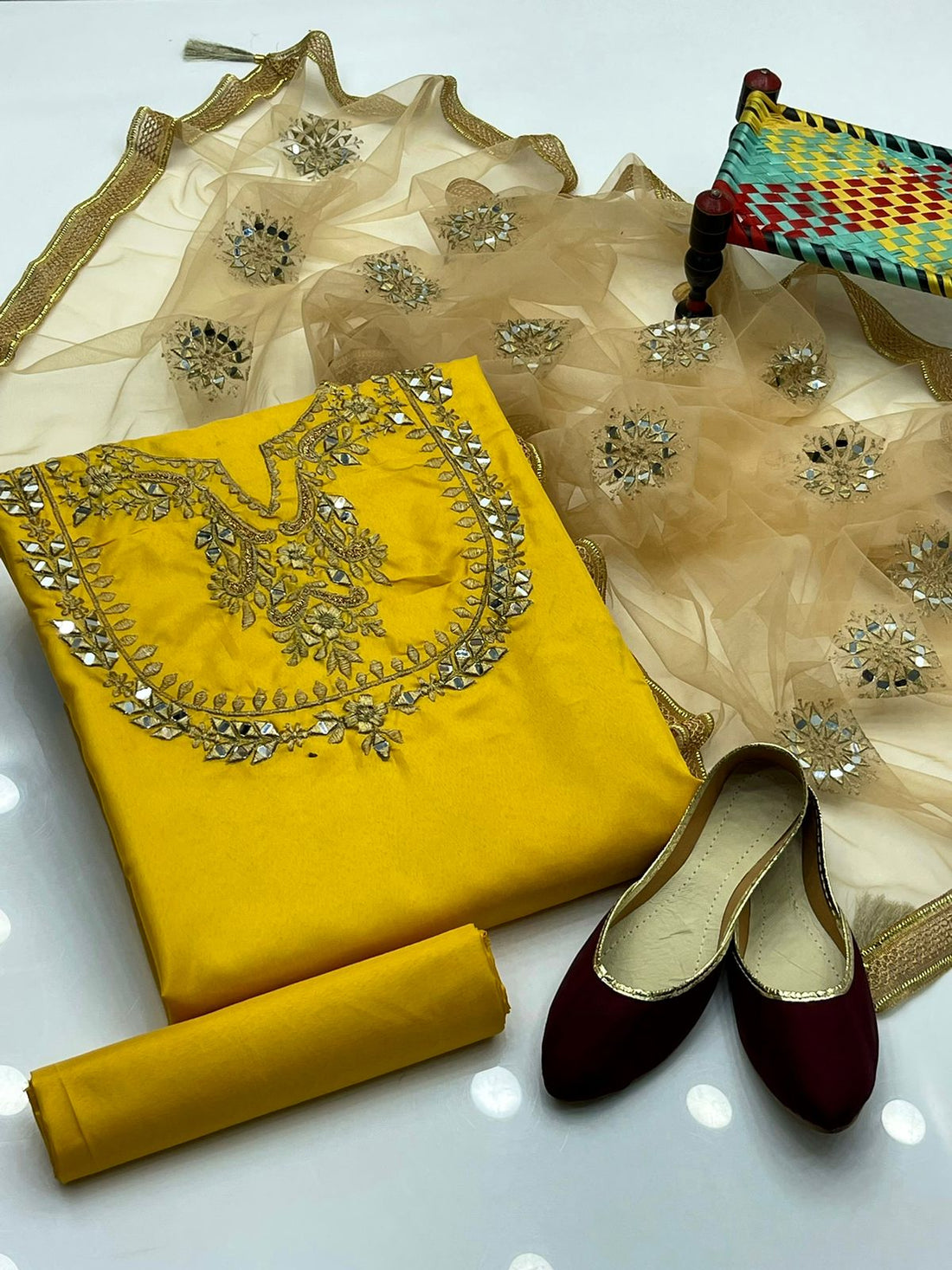 4-Piece Unstitched Fancy Dress – Kataan Mirror Work Suit with Net Dupatta & Khussa