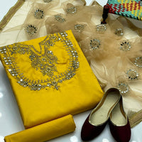 4-Piece Unstitched Fancy Dress – Kataan Mirror Work Suit with Net Dupatta & Khussa