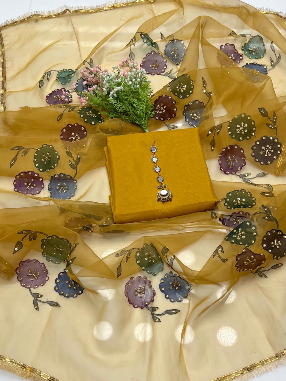 3-Piece Unstitched Kataan Silk Dress – Organza Brush Dupatta & Free Mirror Neckline