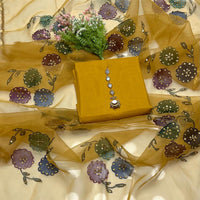 3-Piece Unstitched Kataan Silk Dress – Organza Brush Dupatta & Free Mirror Neckline