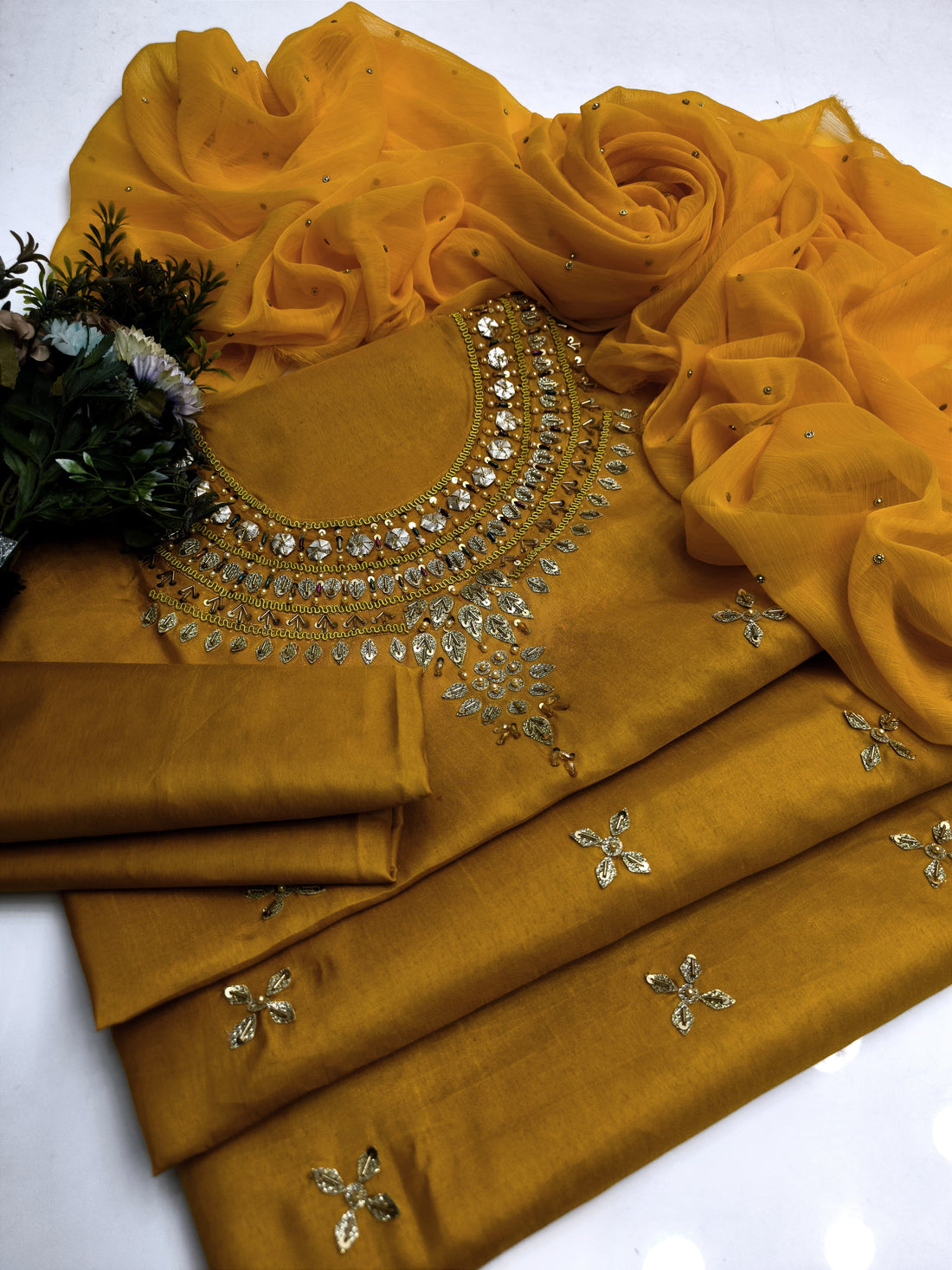 3-Piece Unstitched Indian Design Dress – Kataan Silk with Kundan Chiffon Dupatta