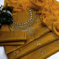3-Piece Unstitched Indian Design Dress – Kataan Silk with Kundan Chiffon Dupatta