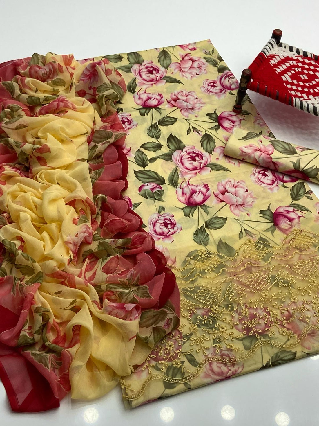 3-Piece Unstitched Lawn Suit – Printed Shirt with Embroidered Patches & Chiffon Dupatta