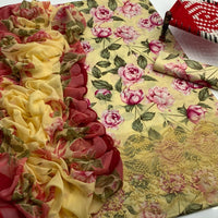 3-Piece Unstitched Lawn Suit – Printed Shirt with Embroidered Patches & Chiffon Dupatta