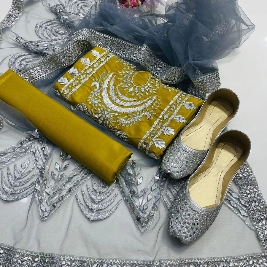 4-Piece Unstitched Kataan Mirror Work Dress – With Net Dupatta & Silver Khussa
