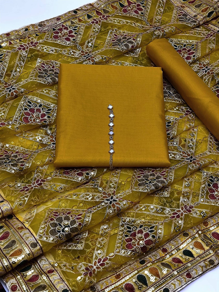 3-Piece Unstitched Kataan Silk Suit – Heavy Indian Embroidered Dupatta & Neckline Gift
