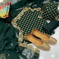 5-Piece Unstitched Fancy Chiffon Suit – Sheesha Zaari Work with Khussa & Potli Bag