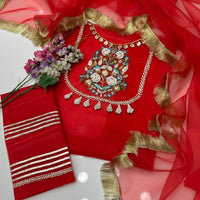 3-Piece Unstitched Organza Molty Work Dress – With Kataan Trouser & Dupatta