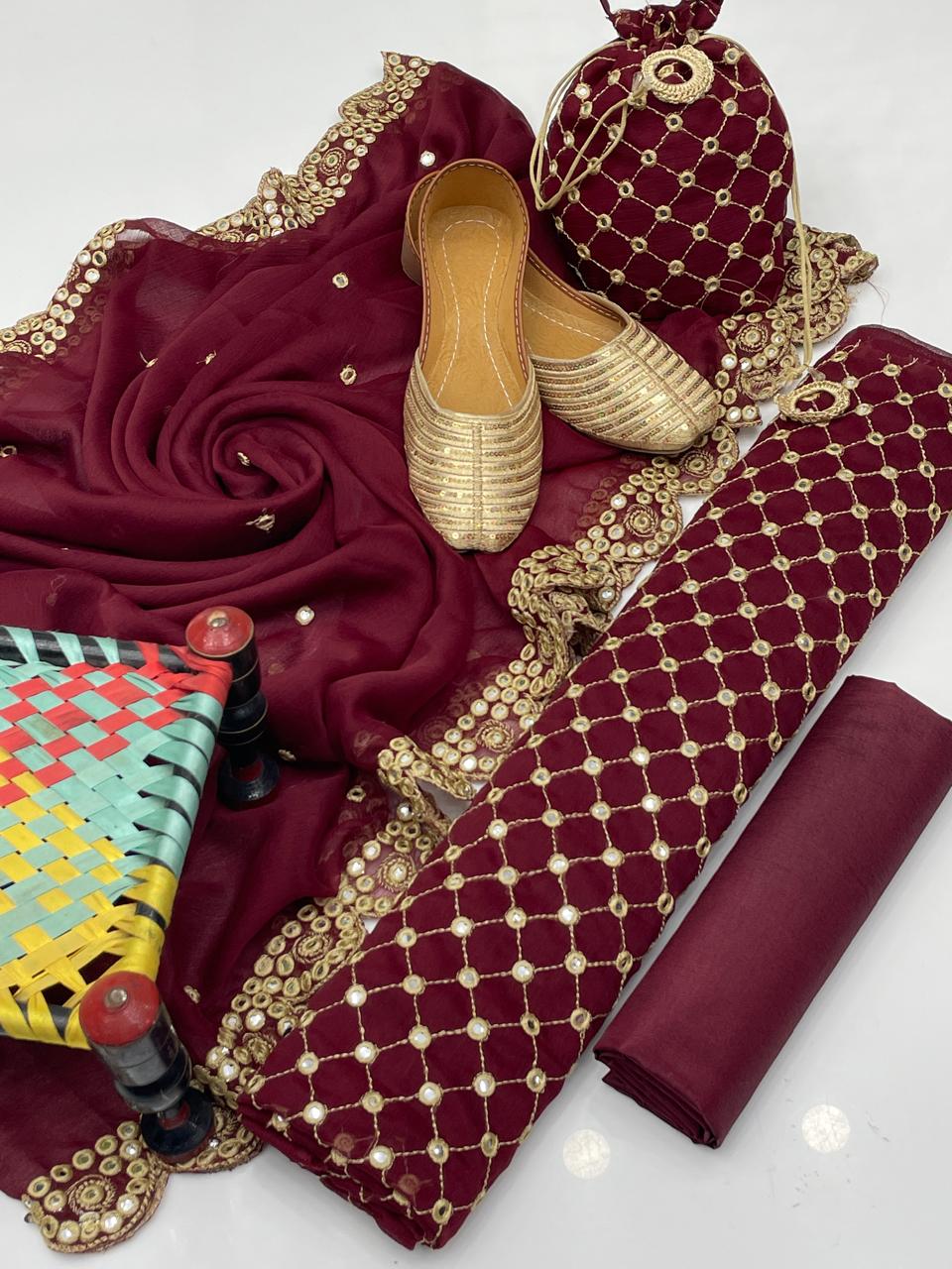 5-Piece Unstitched Fancy Chiffon Suit – Sheesha Zaari Work with Khussa & Potli Bag