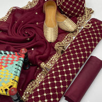 5-Piece Unstitched Fancy Chiffon Suit – Sheesha Zaari Work with Khussa & Potli Bag