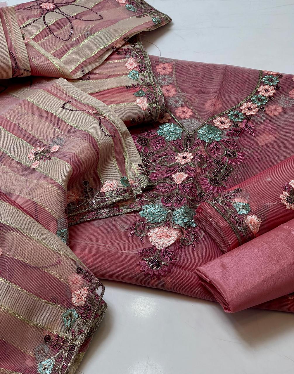 3-Piece Unstitched Organza Fancy Suit – Embroidered Shirt & Chiffon Dupatta