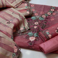 3-Piece Unstitched Organza Fancy Suit – Embroidered Shirt & Chiffon Dupatta